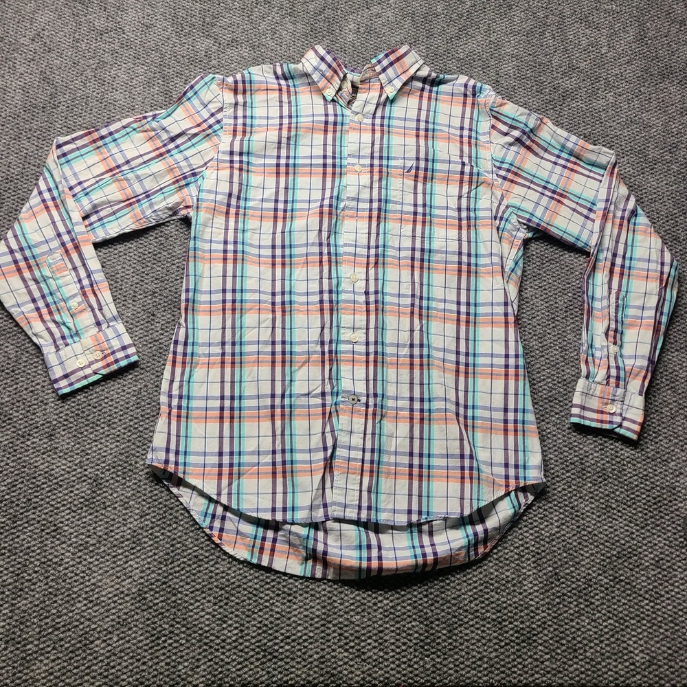 Nautica Mens Plaid Button Down Dress Shirt XL White Orange Purple Long Sleeve